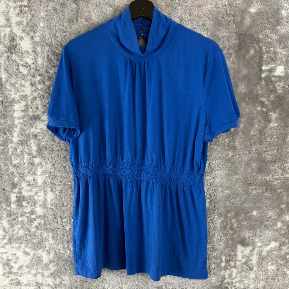 Attention Size XL Casuial‎ Mock Neck Elastic Waist Top Blue Short Sleeve Shirt
